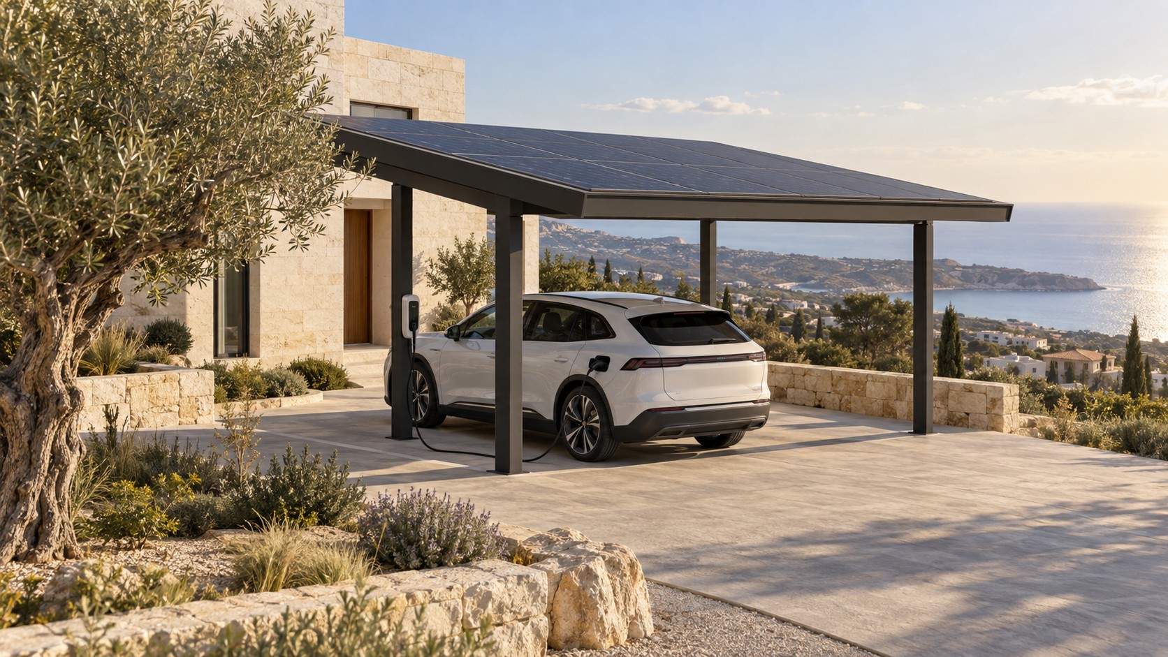 Carport with a photovoltaic roof sheltering a car beside a house