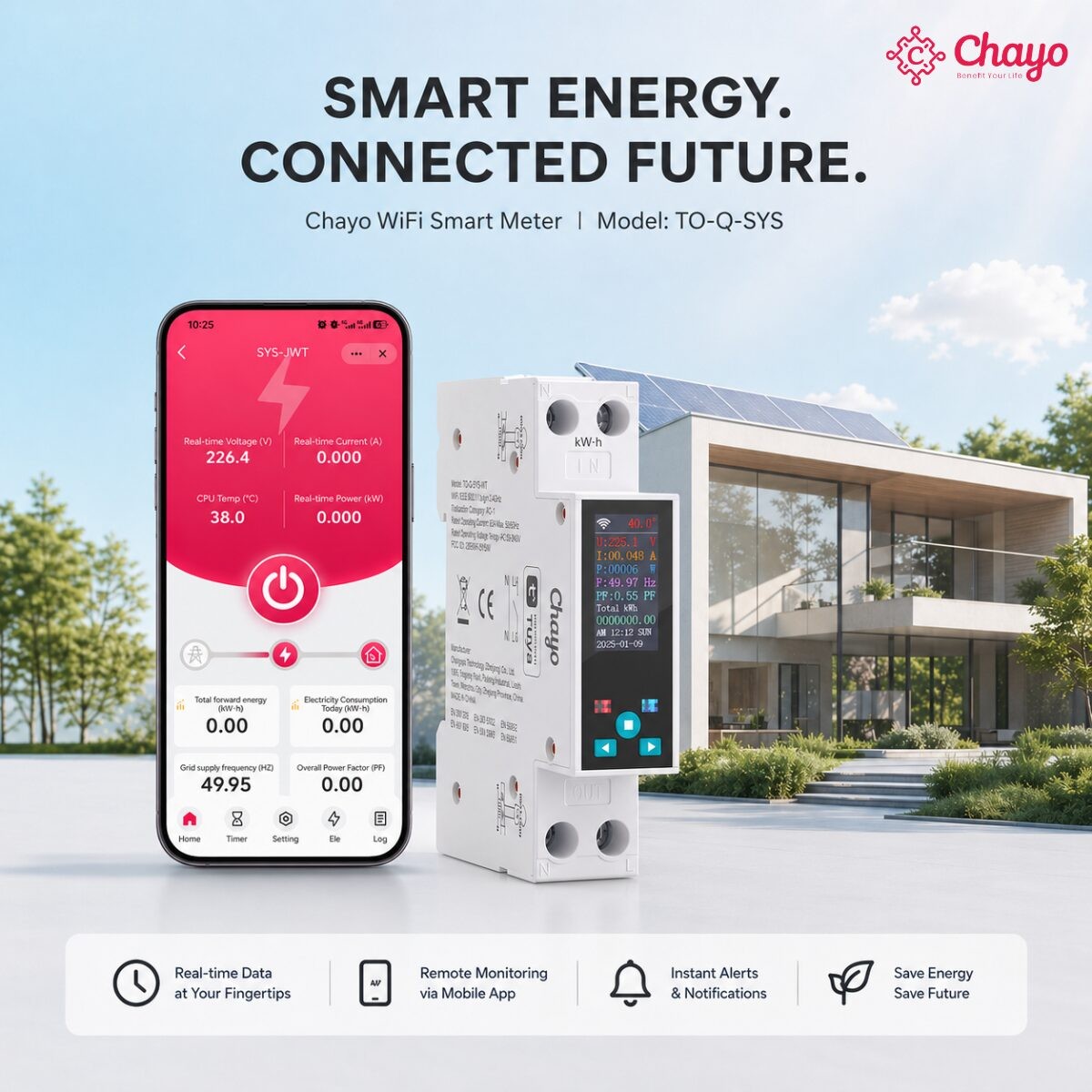 Smart energy meter on a DIN rail with its mobile monitoring app