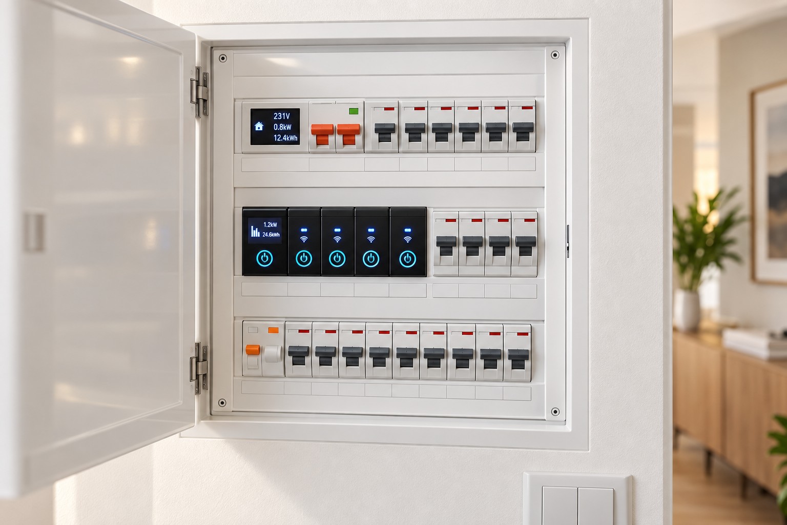 Electrical distribution board with smart breakers and digital meters