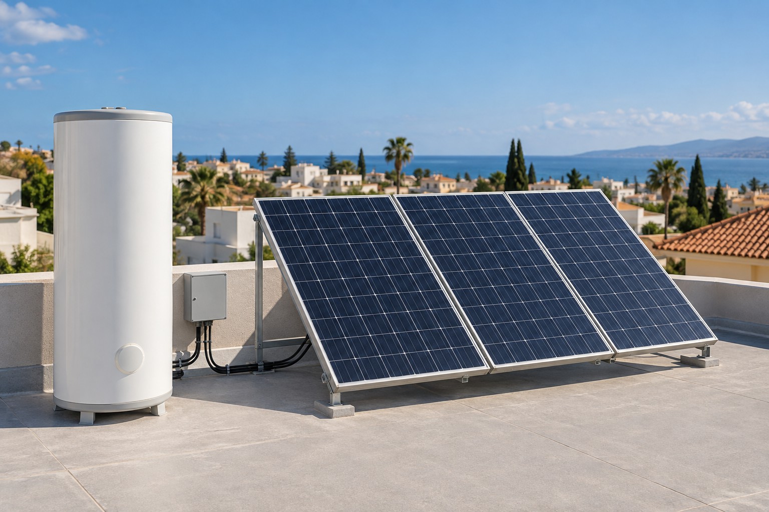 Hot water cylinder connected to photovoltaic panels on a flat roof