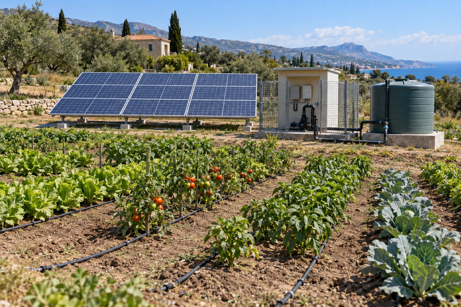 Solar panels powering a water pump beside irrigated vegetable rows