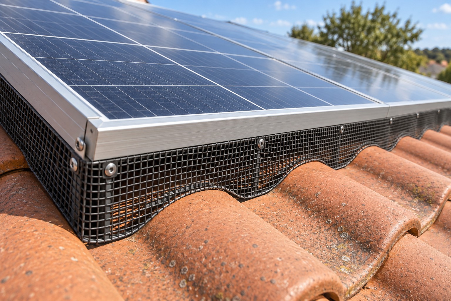Mesh guard fitted around the edge of solar panels on a tiled roof